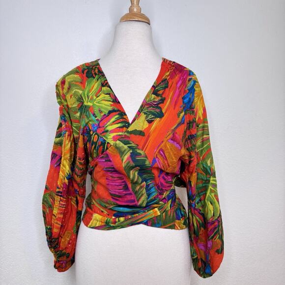 Farm Rio Womens Urgan Jungle Tie-Front Top Size M Colorful Tropical Resort Beach - Picture 8 of 16